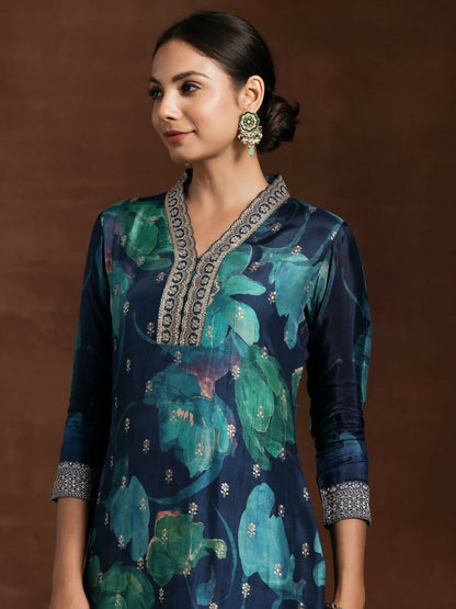 Women's LB Blue Printed Silk Blend Straight Suit With Dupatta