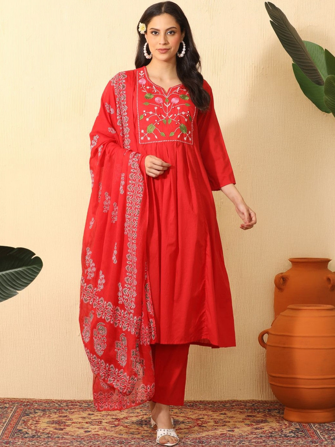 Dhiyona SN Women Floral Embroidered Empire Mirror Work Pure Cotton Kurta with Trousers & With Dupatta