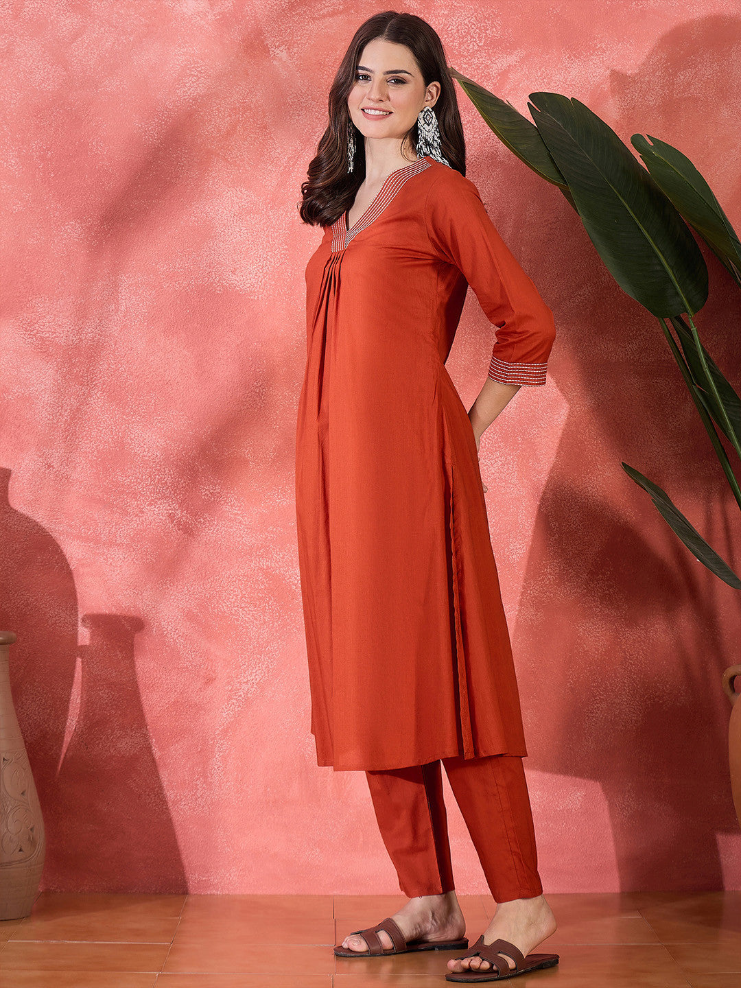 Pure Cotton V-Neck Kurta & Trousers