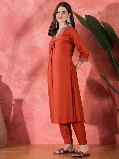 Pure Cotton V-Neck Kurta & Trousers