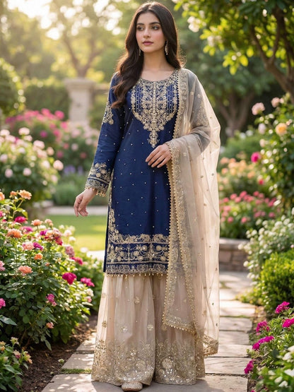 Dhiyona KL Women Floral Embroidered Regular Thread Work Kurta with Sharara & With Dupatta