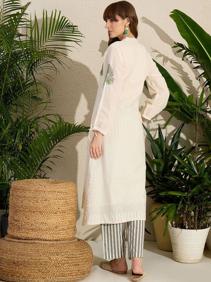 Dhiyona IE Women's Adults-Women Woven Design Embroidered Cotton Kurta with Trousers
