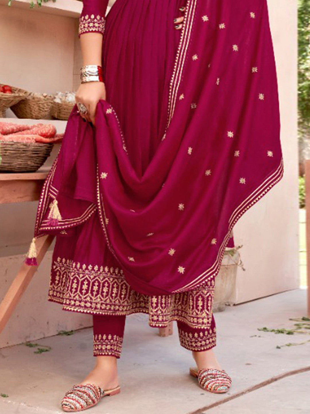 Sequence Zari Embroidered Round Neck A-Line Kurta & Trousers With Dupatta