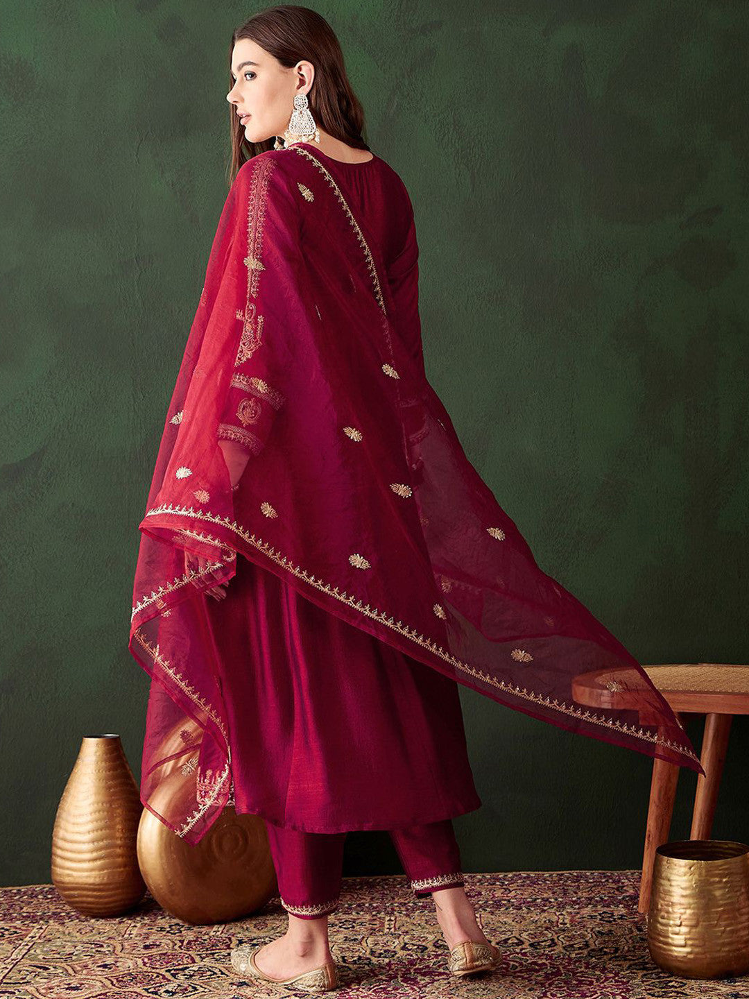 Women Embroidered A-Line Kurta Trousers & Dupatta