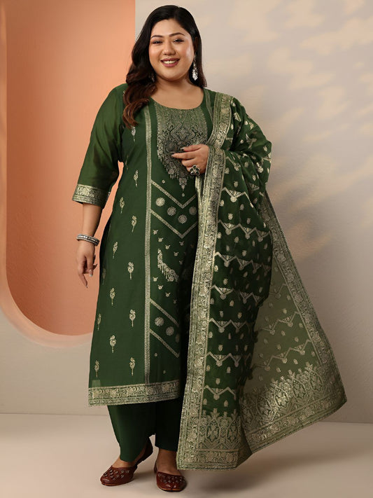 Dhiyona Women's Plus Size Ethnic Motifs Embroidered Kurta with Trousers & Dupatta
