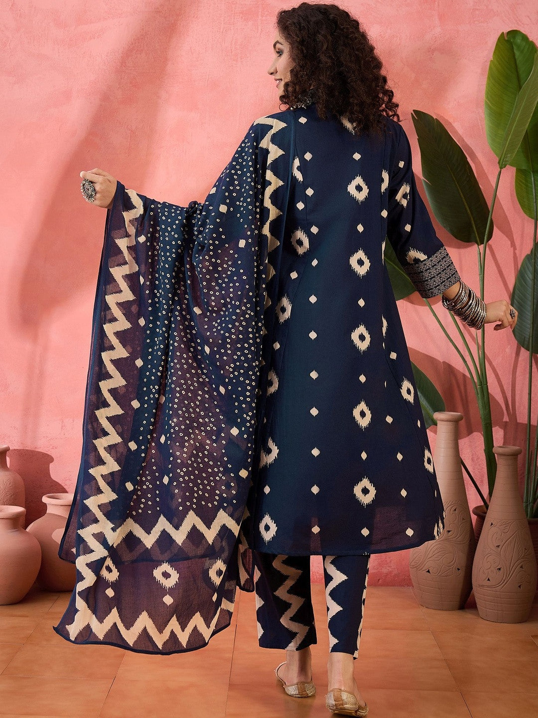 Printed Pure Cotton V-Neck Kurta & Trousers Kurta Set