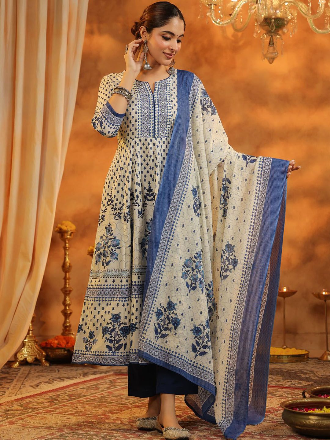 Dhiyona RR Women's Floral Printed Pure Cotton Kurta With Trousers & Dupatta