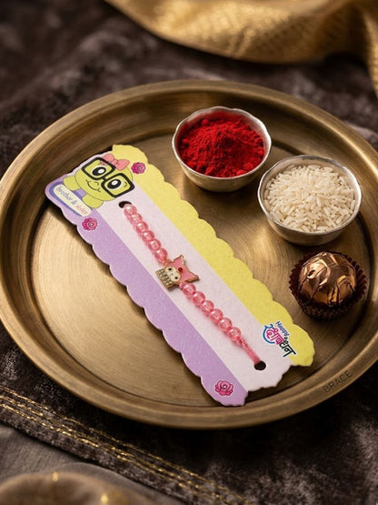 Dhiyona Pink Transparent Beaded Cartoon Character Kids Rakhi With Roli Chawal Chandan Mishri