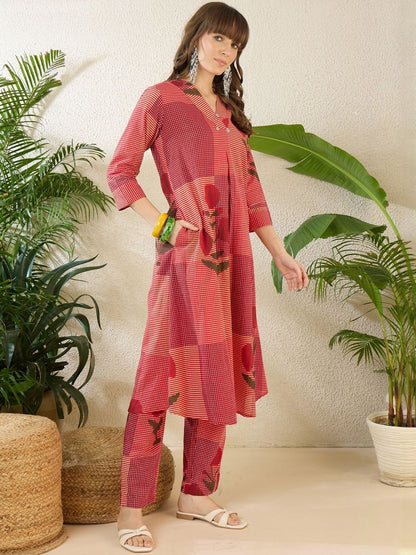 Dhiyona IE Printed V-Neck Three-Quarter Sleeves Pure Cotton Tunic And Trousers