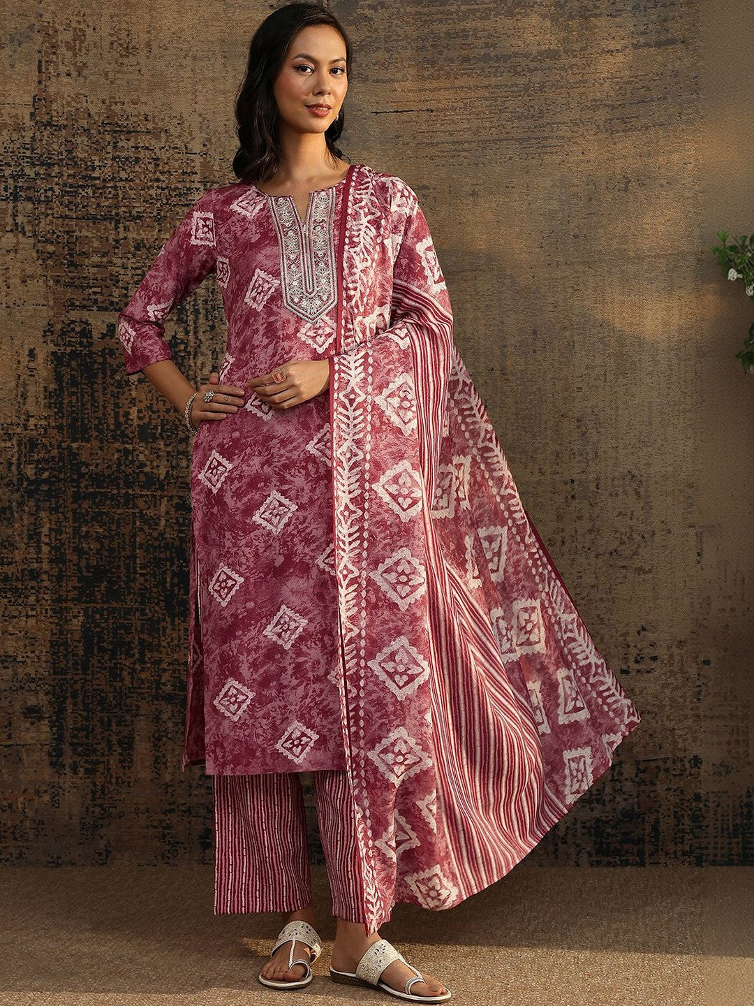 Women Ethnic Motifs Printed Regular Thread Work Kurta with Palazzos & With Dupatta
