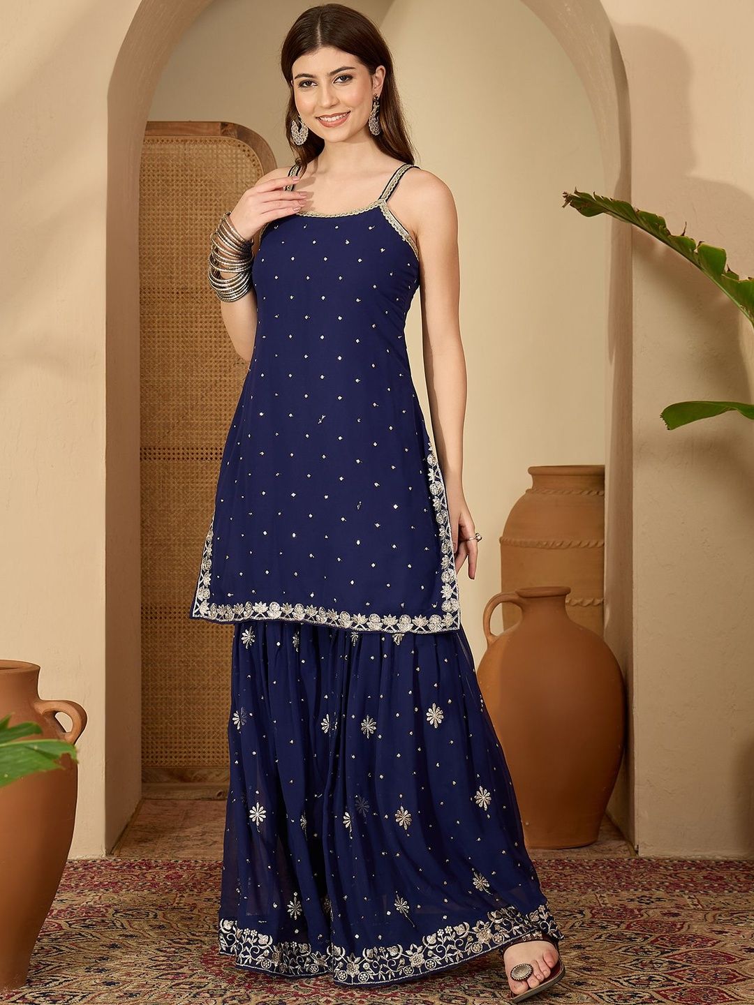 Dhiyona SN Ethnic Motifs Embroidered Regular Thread Work Kurti With Sharara & Dupatta