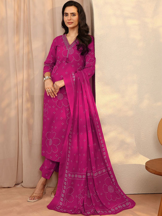 Women Bandhani Printed Regular Kurta with Trousers & With Dupatta