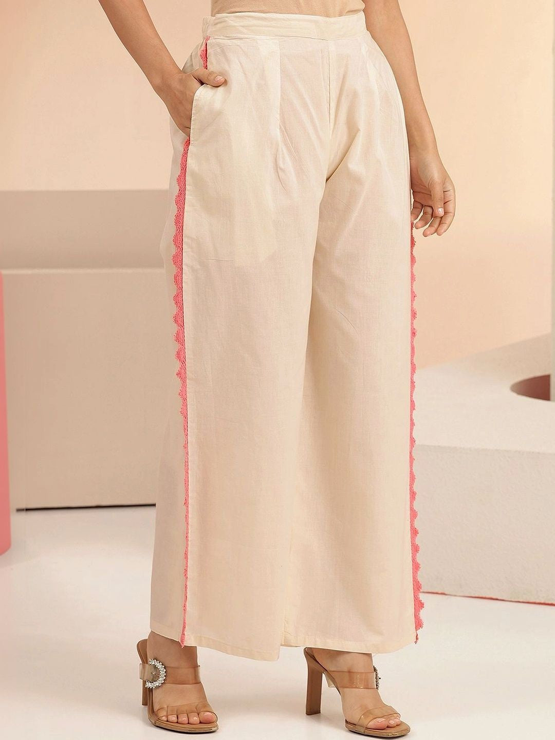 Off White Floral Embroidered Cotton A-Line Kurta Set