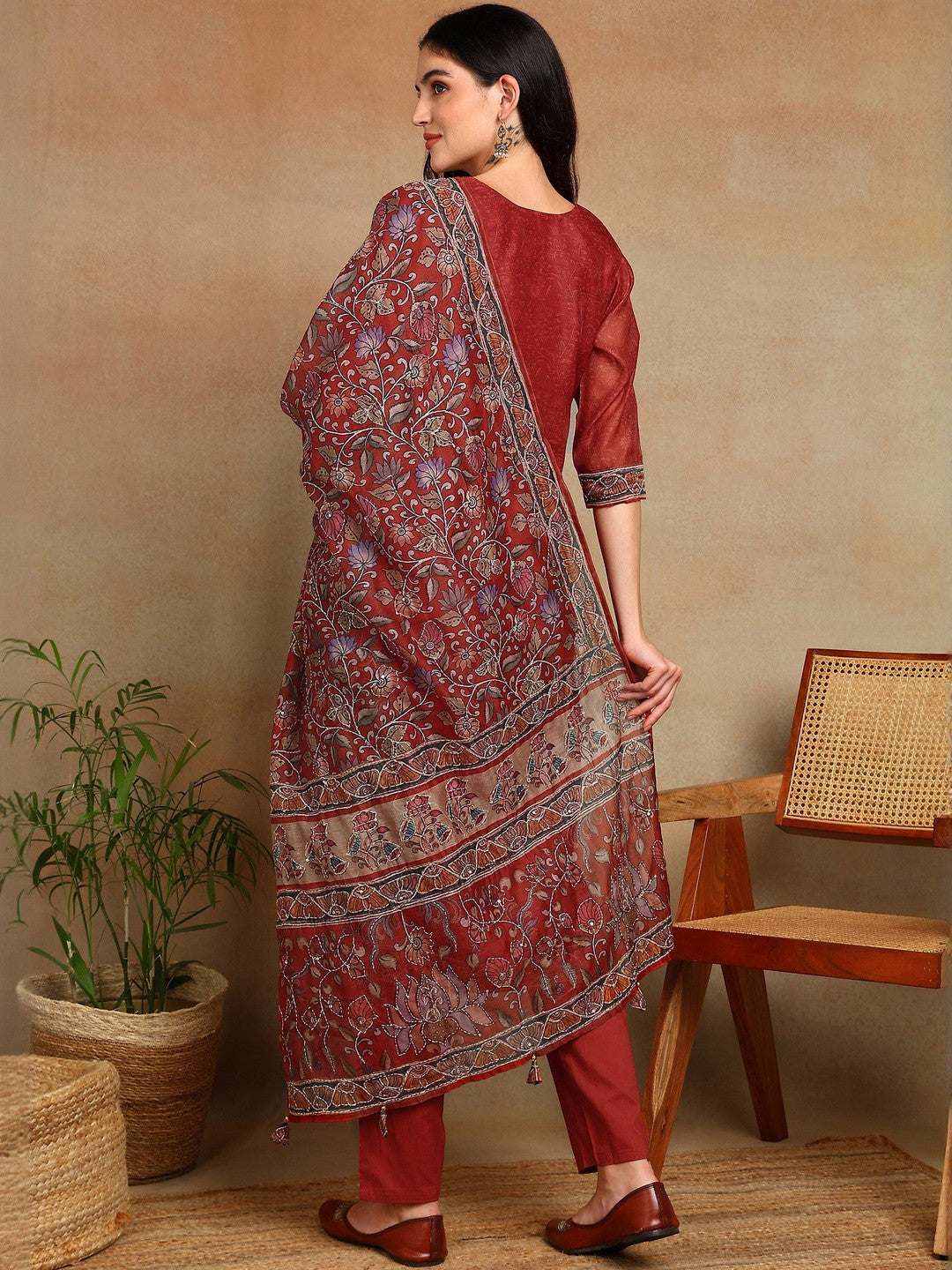 Women Ethnic Motifs Regular Chanderi Cotton Kurta with Trousers & With Dupatta