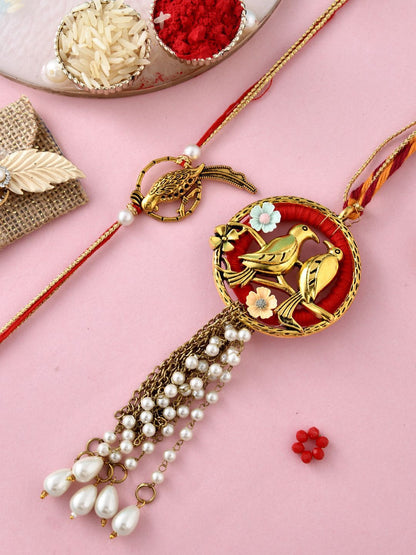 Dhiyona Gol-Toned Beaded Bhaiya Bhabhi Rakhi With Roli Chawal & Greeting Card