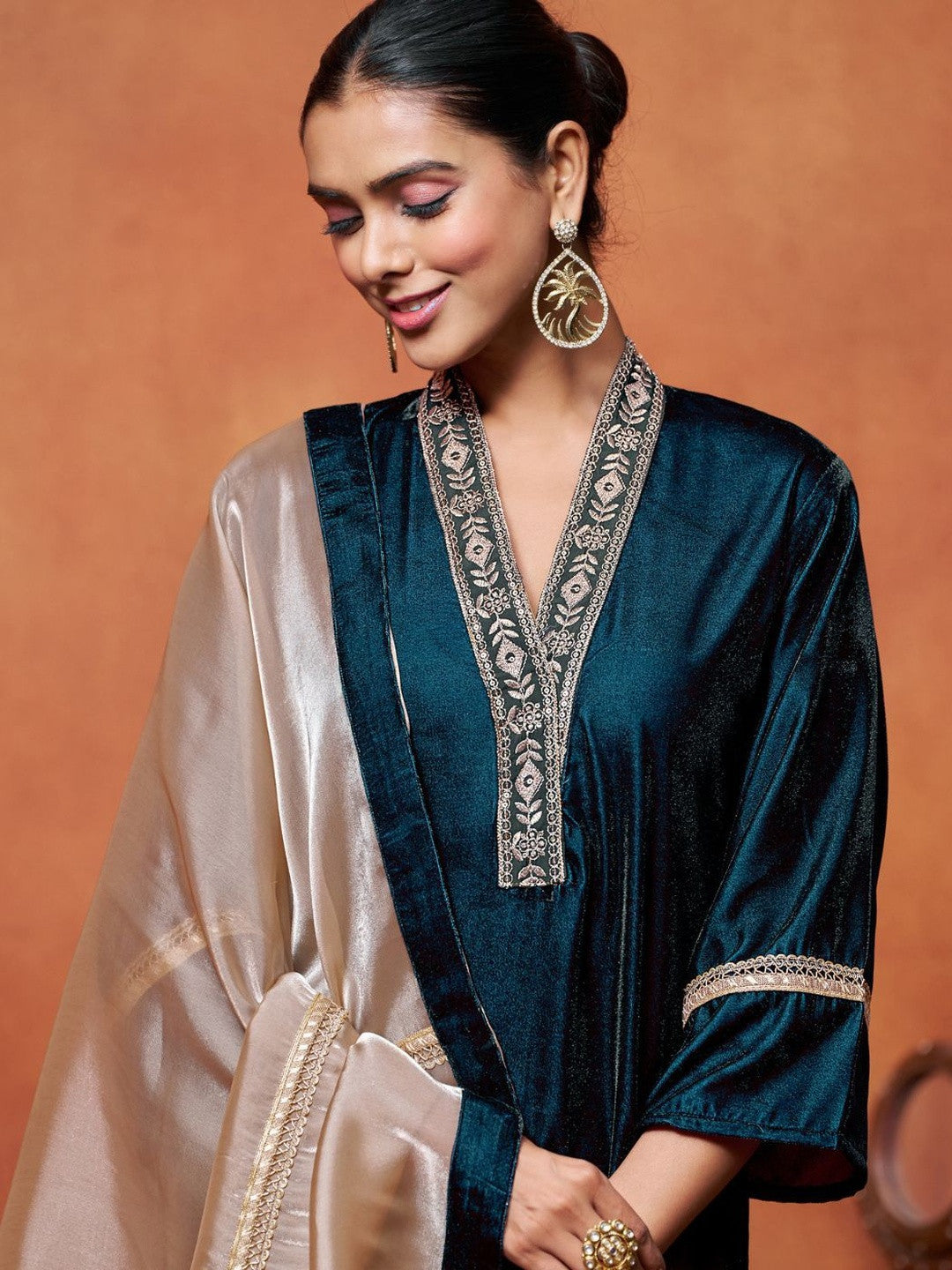 Women Velvet Embroidered Straight Kurta Pant With Dupatta Set