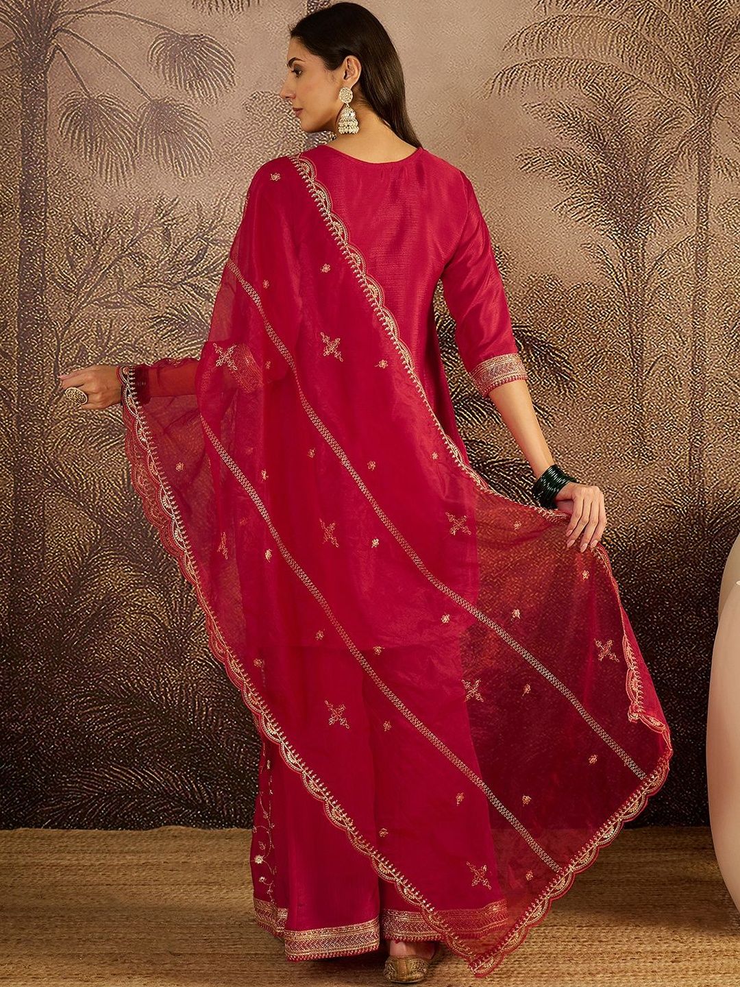 Dhiyona SN Ethnic Motifs Embroidered Sequinned Straight Kurta with Sharara & Dupatta