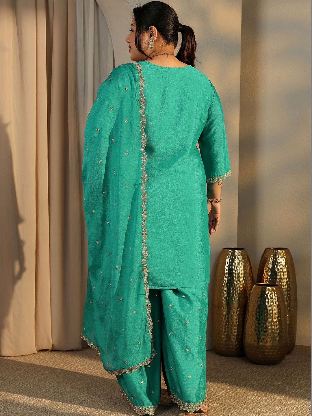 Dhiyona Women's Plus Size Ethnic Motifs Embroidered Kurta with Palazzo & Dupatta