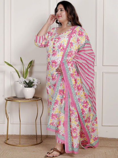 Dhiyona KL Women Floral Printed Cotton Kurta & Trousers With Dupatta