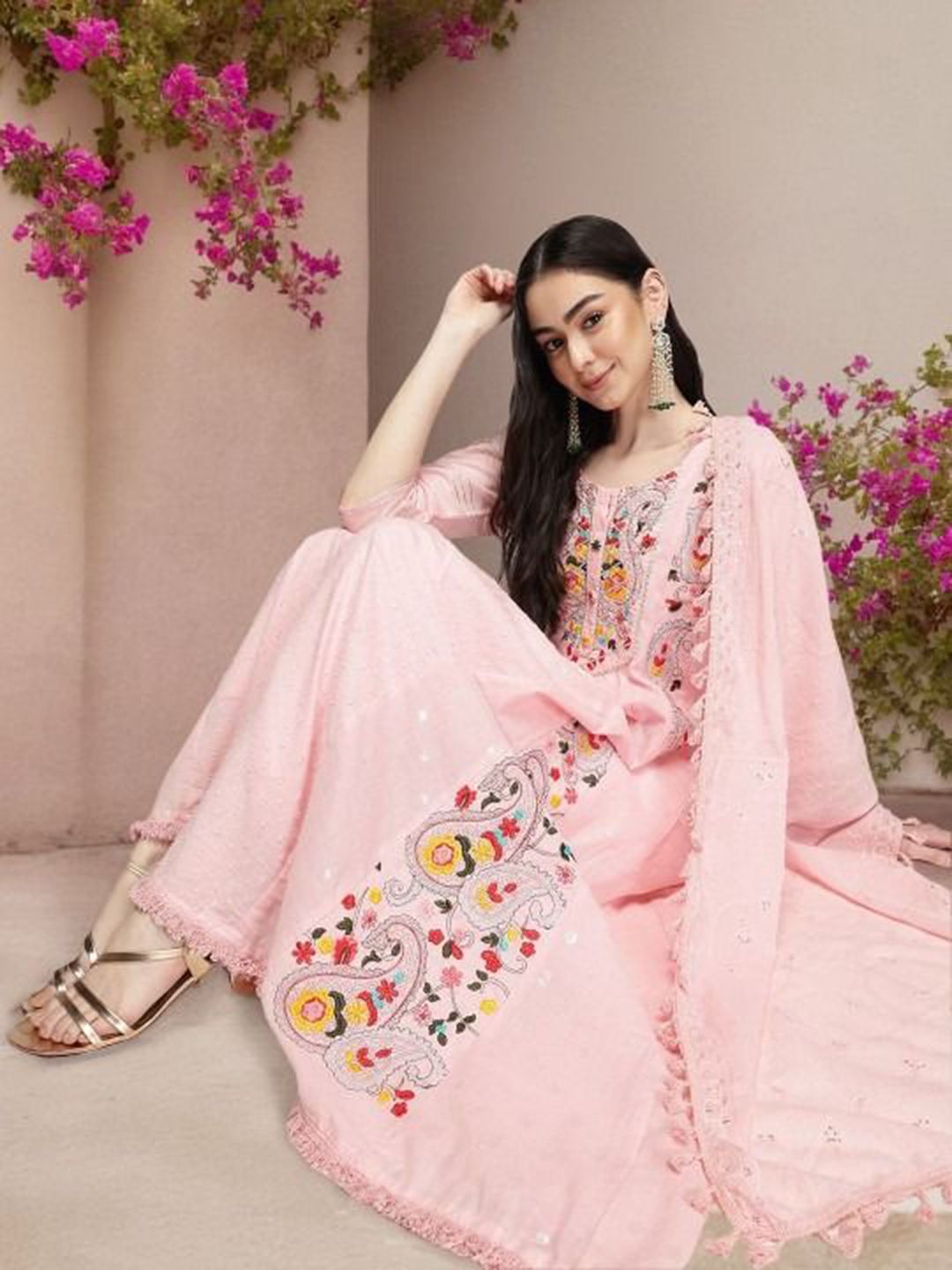 Dhiyona IS Women's Women Floral Embroidered Regular Pure Cotton Kurta with Trousers & Dupatta