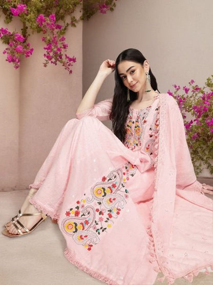 Dhiyona IS Women's Women Floral Embroidered Regular Pure Cotton Kurta with Trousers & Dupatta