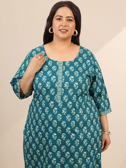 Dhiyona Women's Plus Size Floral Printed Straight Kurta With Salwar & Dupatta