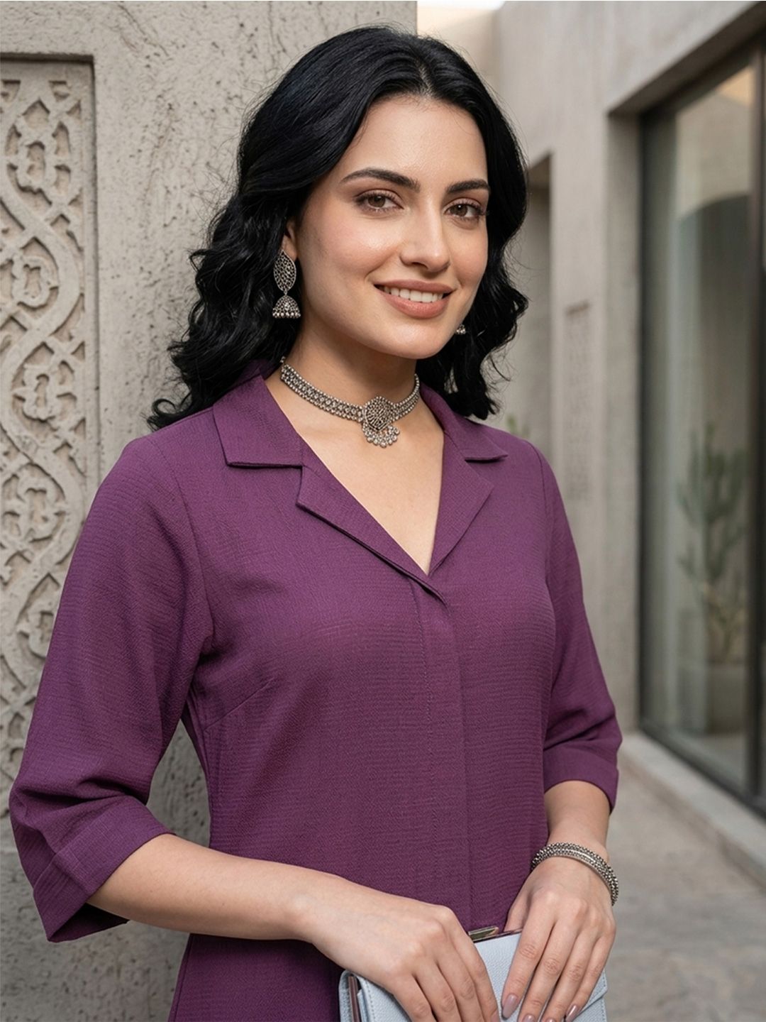 Mauve Notched Lapel Collar Tunic With Trouser Co-Ords