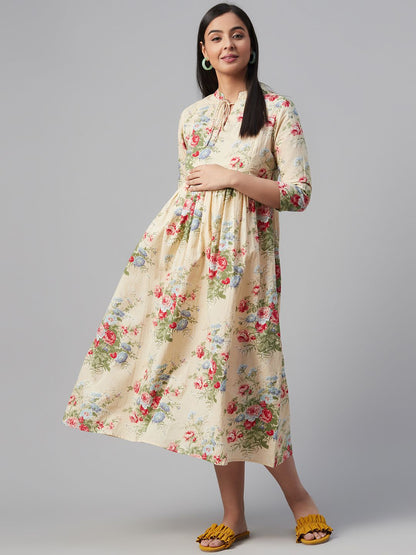 Dhiyona AY Women's Beige & Pink Floral Print Maternity A-Line Dress