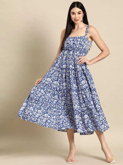 Dhiyona AY Women's Floral Print Pure Cotton Tiered Midi Ethnic Dress