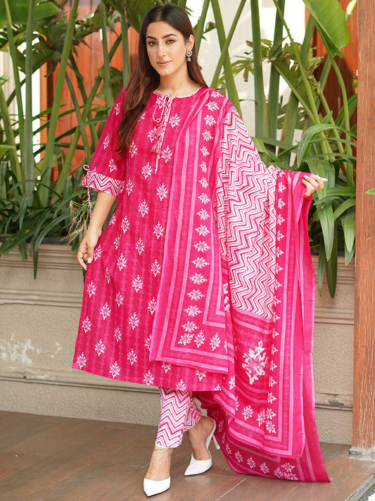 Printed Regular Pure Cotton Kurta with Trousers & With Dupatta