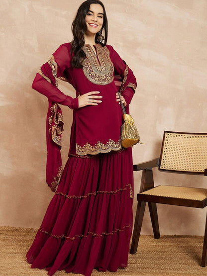 Dhiyona IN Marron & Gold Toned Yoke Design Embroidered Straight Kurta With Sharara & Dupatta