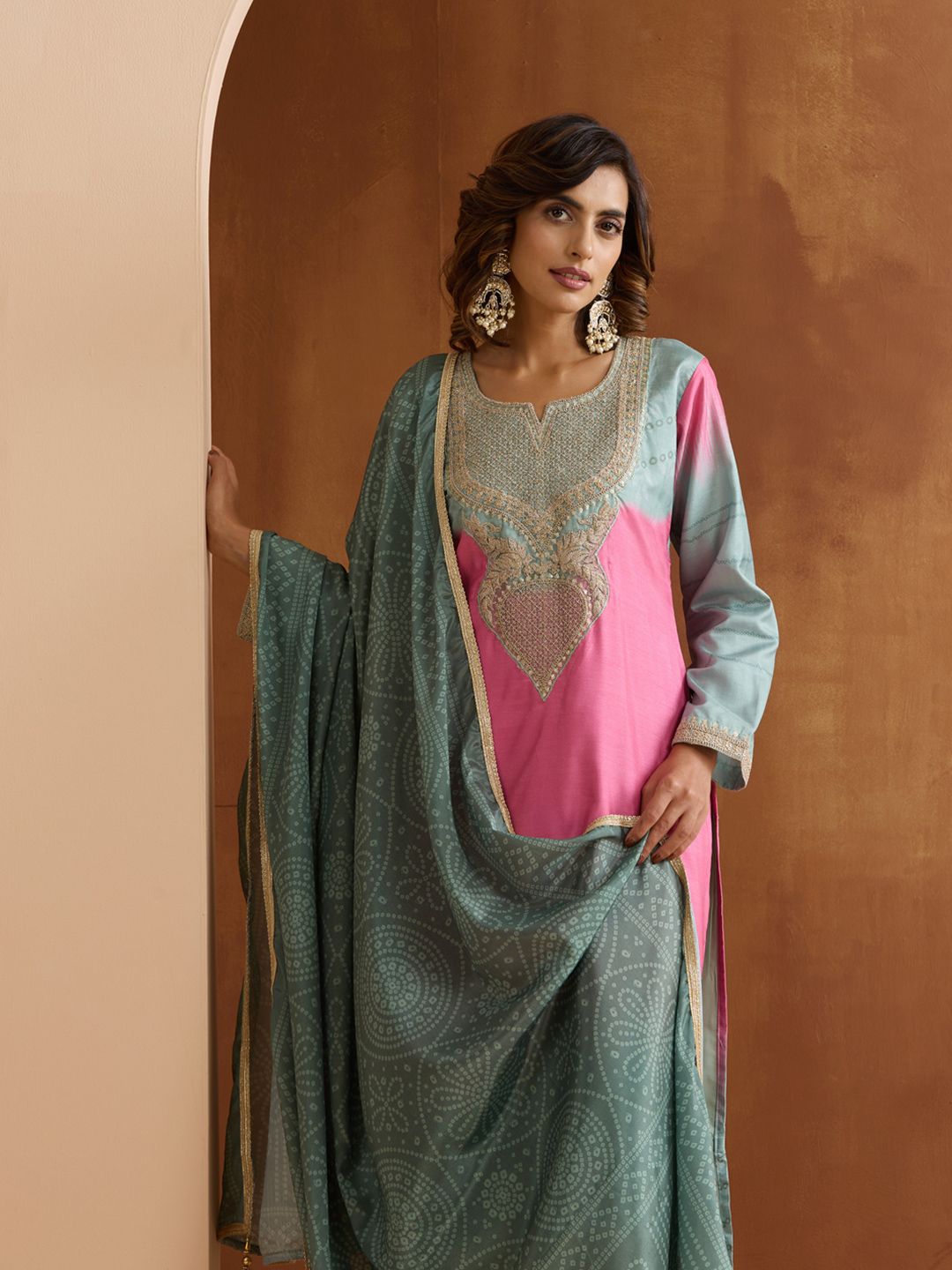 Dhiyona IS Women's Ethnic Motifs Embroidered Zari Work Straight Kurta with Trousers & Dupatta