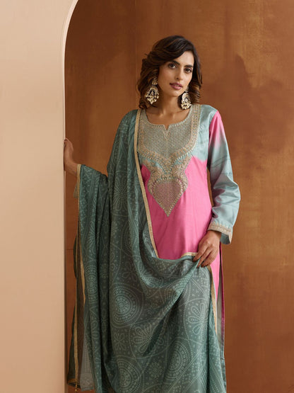 Dhiyona IS Women's Ethnic Motifs Embroidered Zari Work Straight Kurta with Trousers & Dupatta
