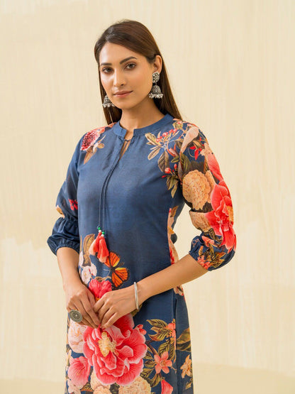 Dhiyona IS Women's Floral Printed Regular Cotton Kurta with Trousers