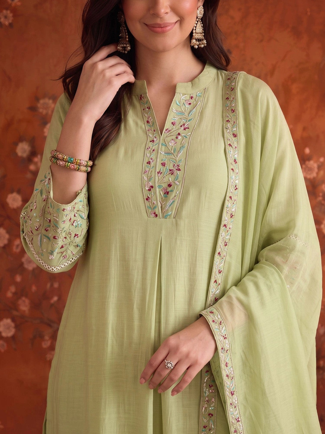 Embroidered Mandarin Collar Kurta & Trousers With Dupatta
