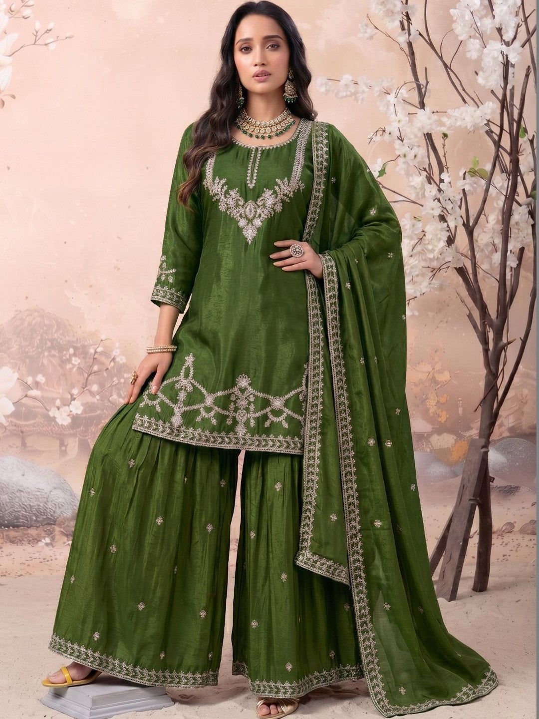 Dhiyona SN Women Ethnic Motifs Embroidered Regular Thread Work Kurta with Sharara & With Dupatta