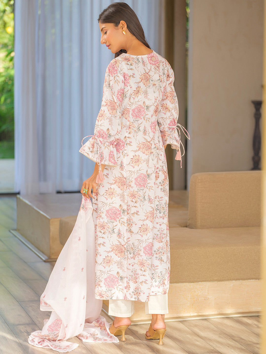 Floral Printed V Neck Pleated A-Line Kurta With Trousers & Dupatta