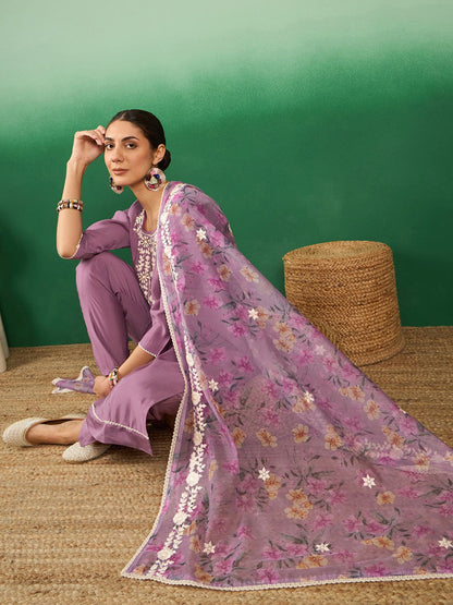 Purple Floral Embroidered Jacquard Straight Kurta With Trousers & Dupatta