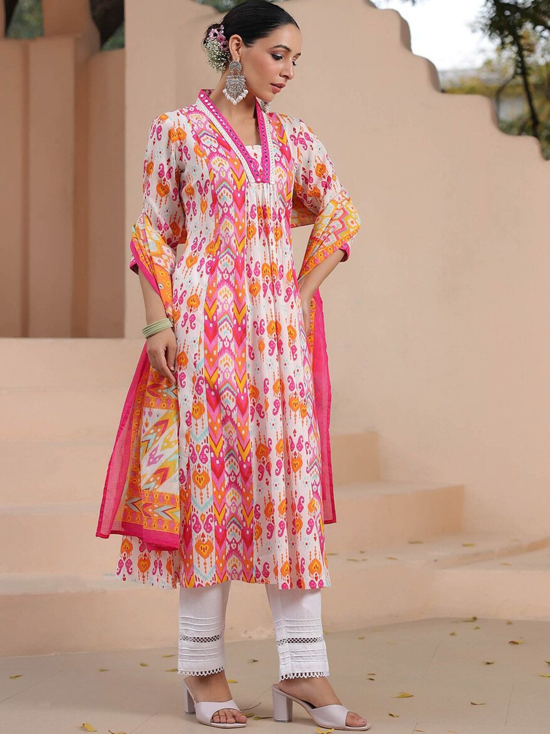 Dhiyona RR Women's Ethnic Motifs Printed Mirror Work Pure Cotton Kurta Trousers & Dupatta