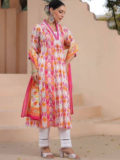 Dhiyona RR Women's Ethnic Motifs Printed Mirror Work Pure Cotton Kurta Trousers & Dupatta
