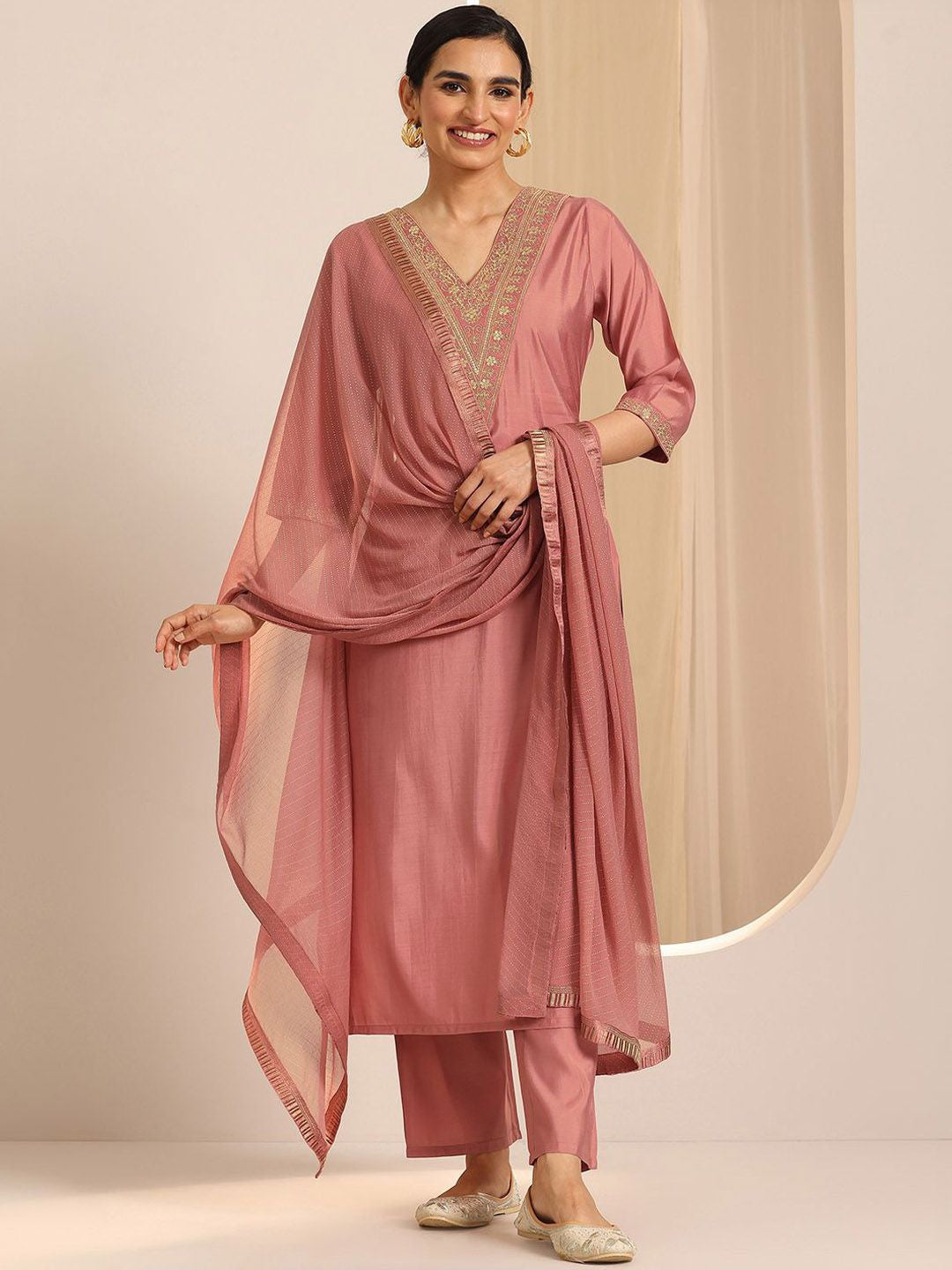 Floral Yoke Design Sequnnied Straight Kurta With Trousers & Dupatta