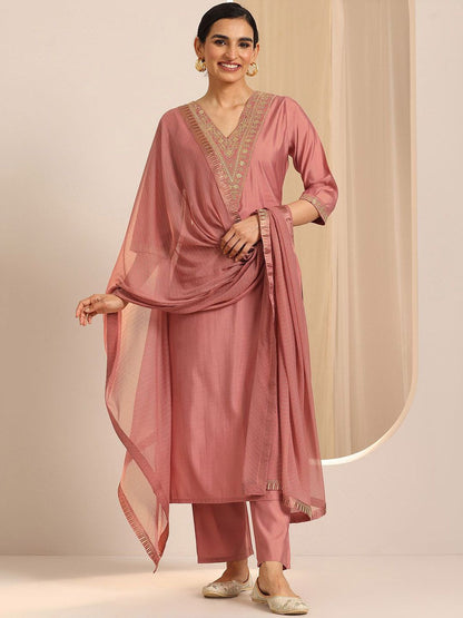 Floral Yoke Design Sequnnied Straight Kurta With Trousers & Dupatta