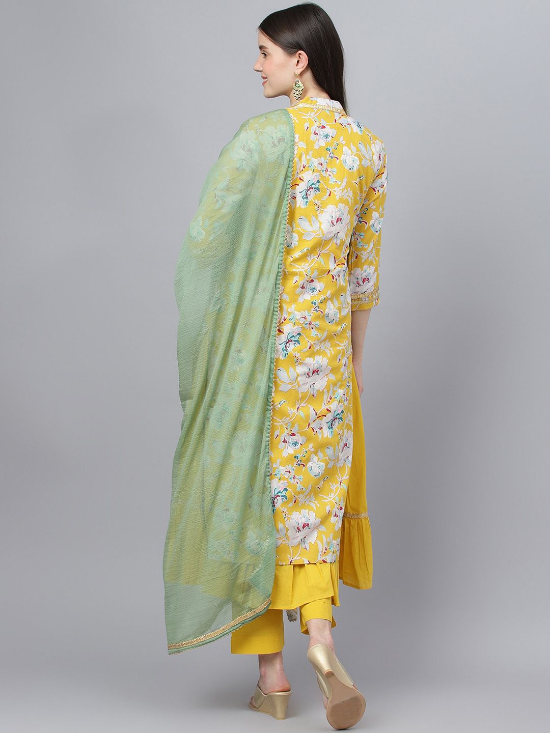 Dhiyona KL Floral Printed Layered Tie Up Neck Pure Cotton Kurta With Trousers & Dupatta