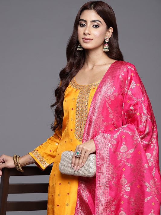 Ethnic Motifs Printed Thread Work Detail Pure Silk Kurta with Trousers & Dupatta