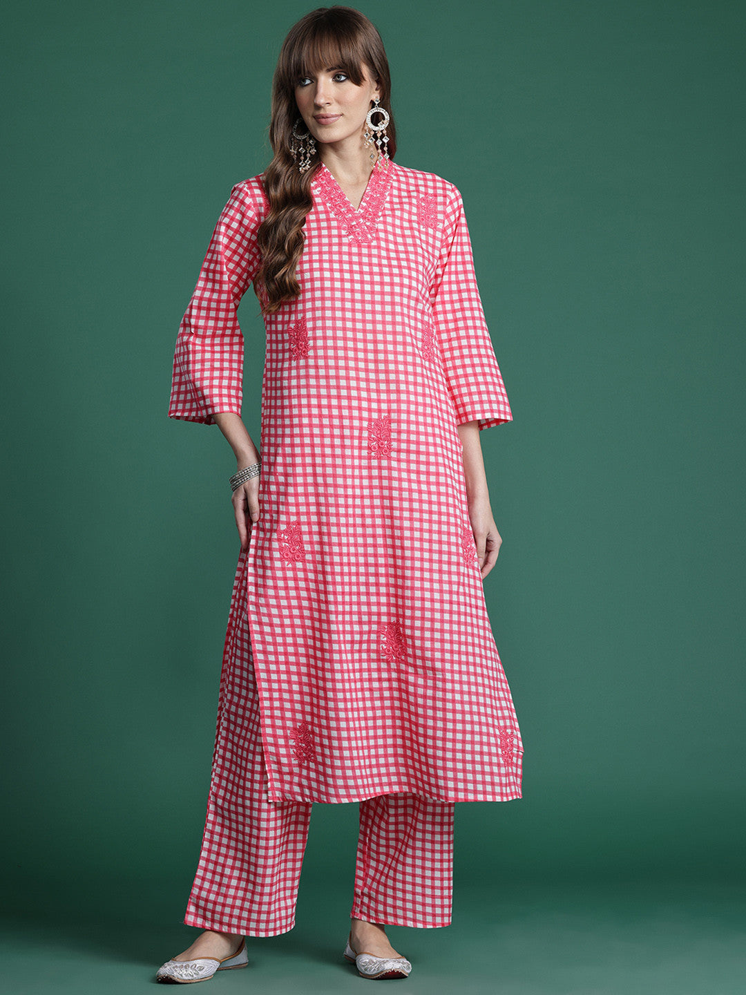 Checked Thread Work Pure Cotton Kurta with Trousers