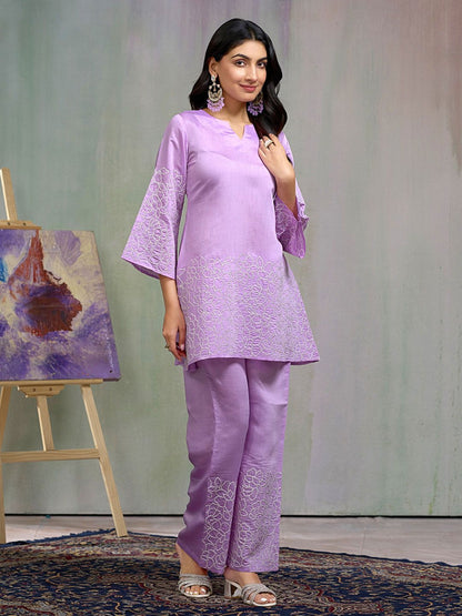 Dhiyona CH Women Floral Embroidered Sequined A-Line Kurta With Trousers