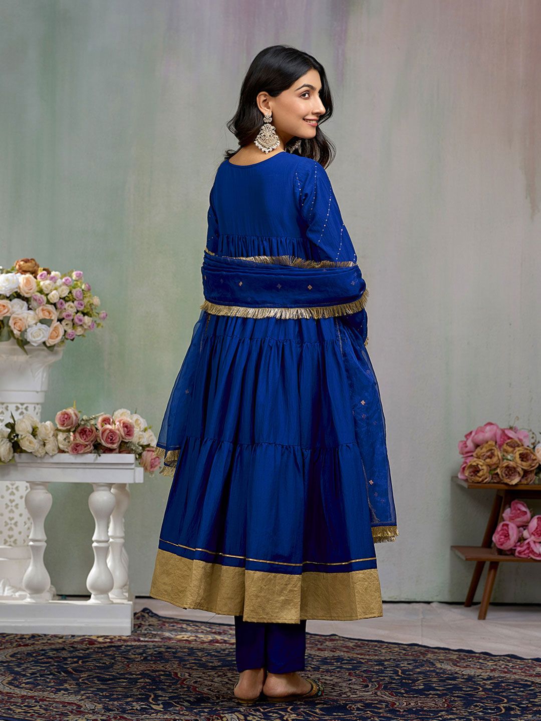 Dhiyona CH Women Floral Embroidered Tiered Sequinned A-Line Kurta With Trousers & Dupatta