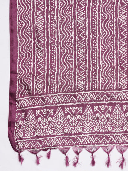 Violet Violet Solid Sleeveless Kurta With Trousers & Bandhani Printed Dupatta