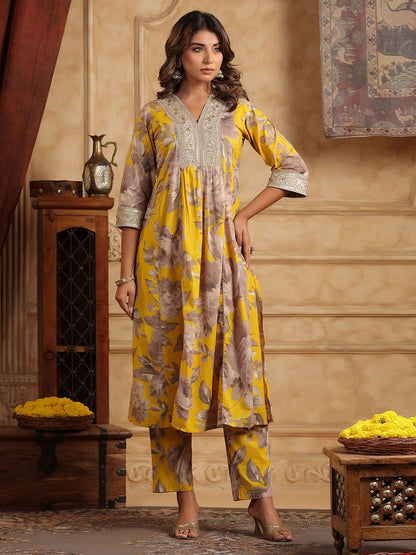 Dhiyona RR Women's Floral Printed Sequinned Pure Cotton Anarkali Kurta with Trousers & Dupatta