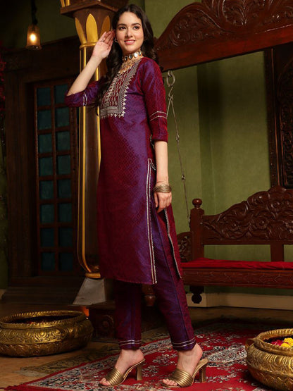 Embroidered Kurta With Self-Design Trouser & Dupatta